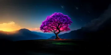 Fantasy tree glowing with magical light in a dreamy valley surrounded by mist, fireflies, and pastel twilight skies – wallpaper.