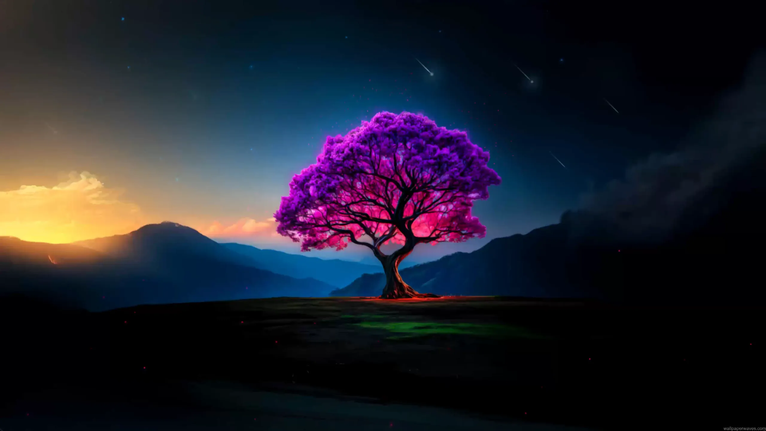Fantasy tree glowing with magical light in a dreamy valley surrounded by mist, fireflies, and pastel twilight skies – wallpaper.