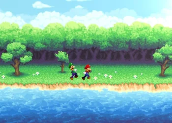 Pixel art of Mario and Luigi running through a retro-style animated forest with mushrooms, coins, and sunset sky – wallpaper.