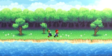 Pixel art of Mario and Luigi running through a retro-style animated forest with mushrooms, coins, and sunset sky – wallpaper.