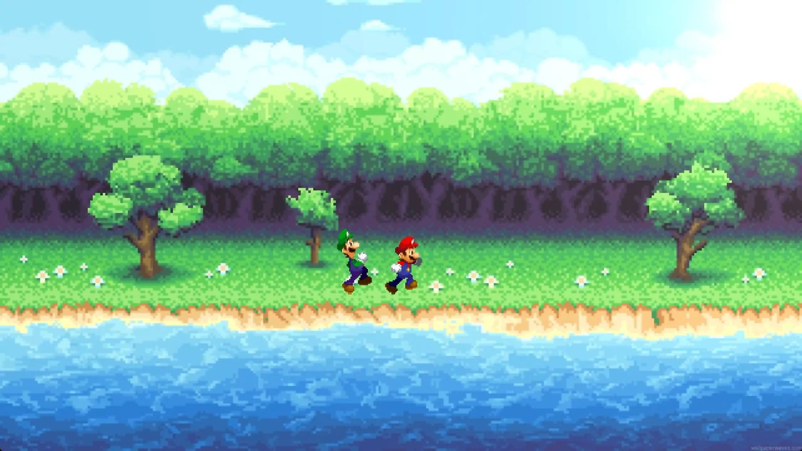 Pixel art of Mario and Luigi running through a retro-style animated forest with mushrooms, coins, and sunset sky – wallpaper.