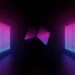 Pulsating neon cube floating inside a glowing abstract tunnel with vibrant electric blue and purple light patterns – wallpaper.