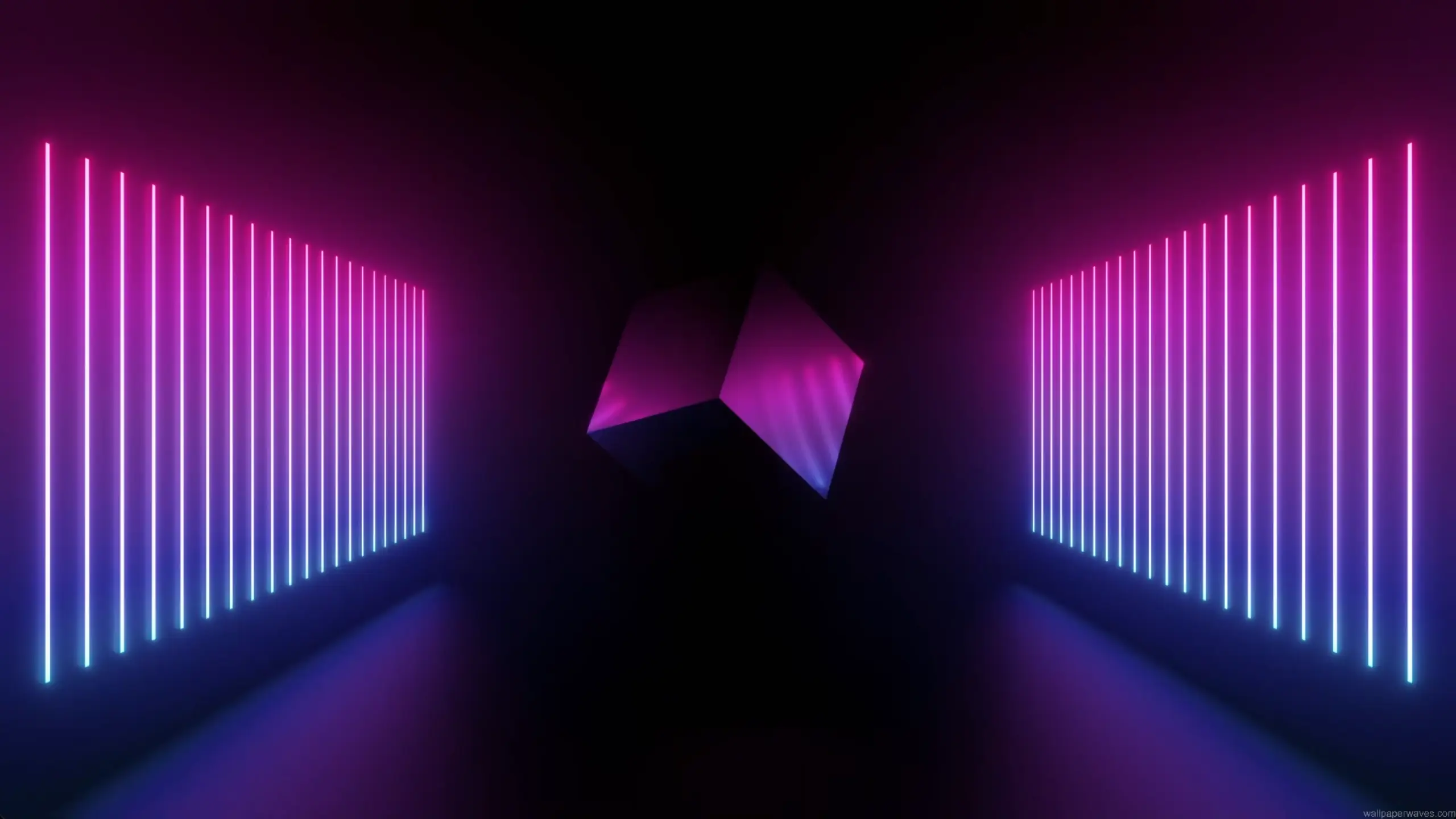 Pulsating neon cube floating inside a glowing abstract tunnel with vibrant electric blue and purple light patterns – wallpaper.