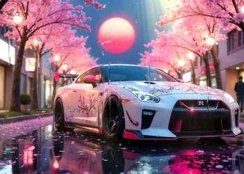 Nissan GT-R parked under pink sakura cherry blossom trees with petals falling in a peaceful spring landscape – wallpaper.