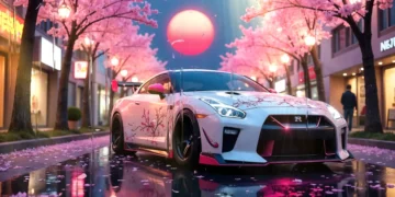 Nissan GT-R parked under pink sakura cherry blossom trees with petals falling in a peaceful spring landscape – wallpaper.