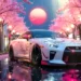 Nissan GT-R parked under pink sakura cherry blossom trees with petals falling in a peaceful spring landscape – wallpaper.