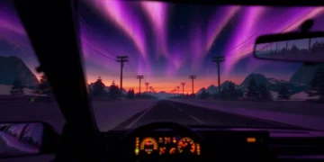 POV view from car driving through a snowy forest highway at night with vibrant northern lights glowing in the sky – wallpaper.