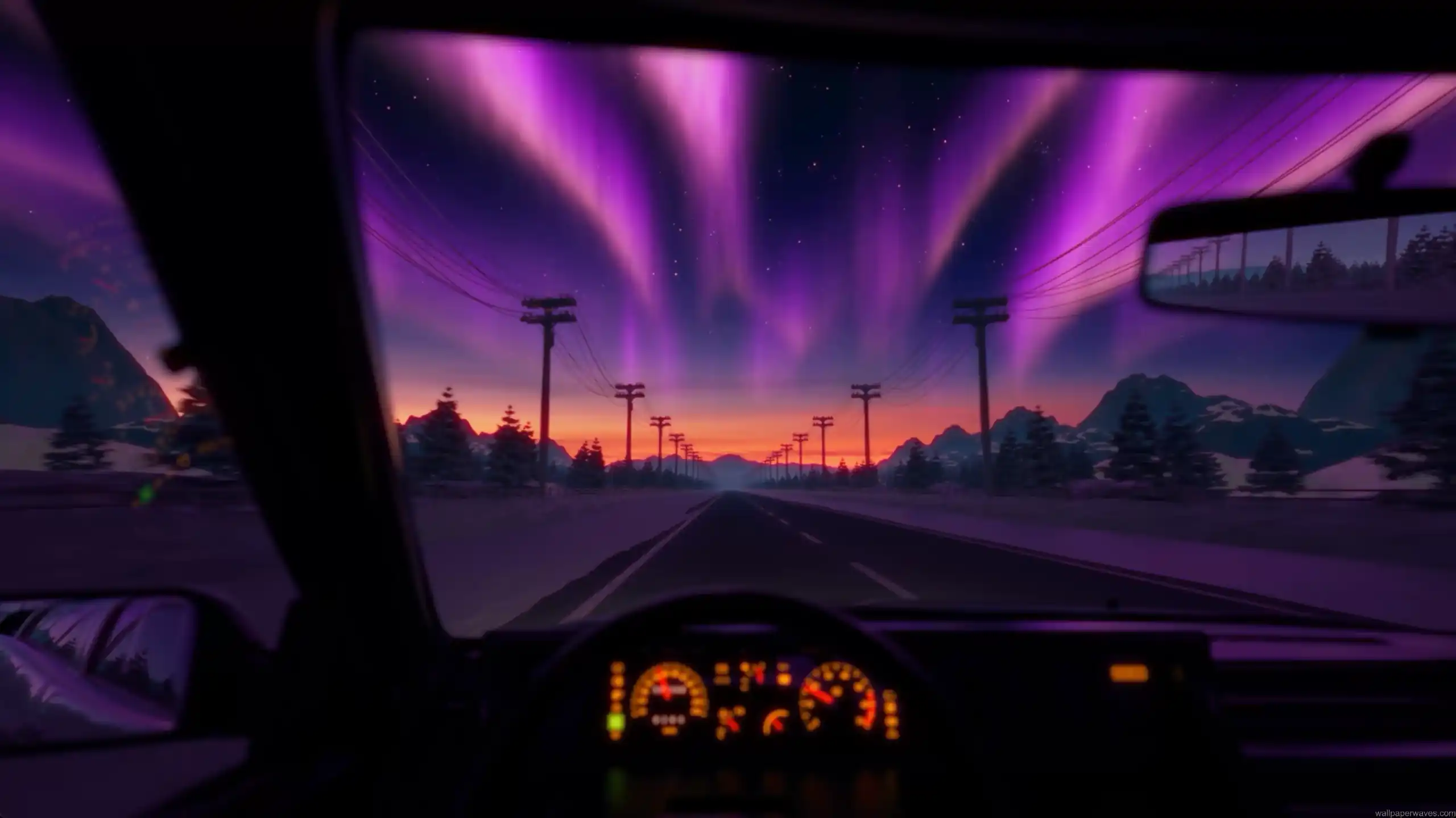 POV view from car driving through a snowy forest highway at night with vibrant northern lights glowing in the sky – wallpaper.