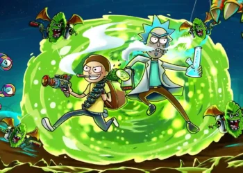 Rick and Morty with a glowing portal gun opening green swirling portals in a chaotic sci-fi animated background – wallpaper.