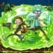 Rick and Morty with a glowing portal gun opening green swirling portals in a chaotic sci-fi animated background – wallpaper.