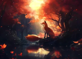 Red fox sitting peacefully in an autumn forest surrounded by golden leaves and soft sunlight – wallpaper.