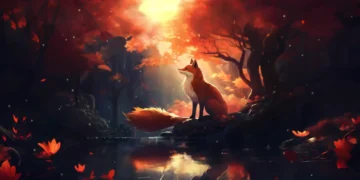 Red fox sitting peacefully in an autumn forest surrounded by golden leaves and soft sunlight – wallpaper.