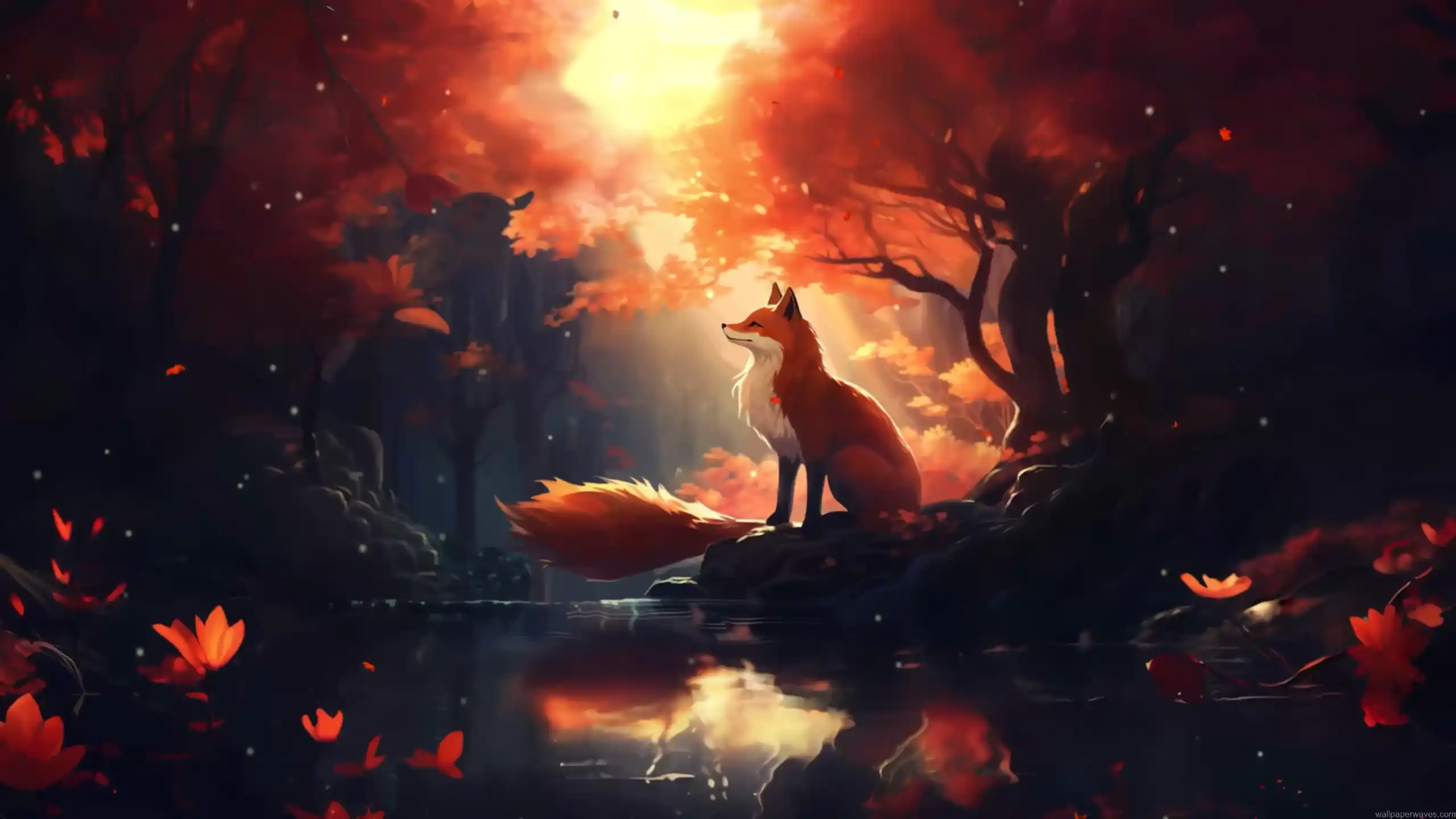 Red fox sitting peacefully in an autumn forest surrounded by golden leaves and soft sunlight – wallpaper.