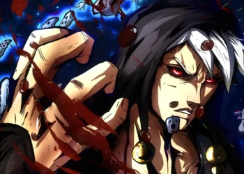 Risotto Nero from JoJo’s Bizarre Adventure standing in a dark environment with swirling metallic fragments and intense red sky – wallpaper.