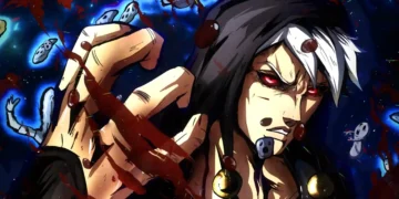 Risotto Nero from JoJo’s Bizarre Adventure standing in a dark environment with swirling metallic fragments and intense red sky – wallpaper.