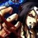 Risotto Nero from JoJo’s Bizarre Adventure standing in a dark environment with swirling metallic fragments and intense red sky – wallpaper.