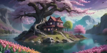 Fantasy-style wallpaper of a peaceful sakura tree next to a cozy wooden house with petals falling gently under a sunset sky.