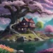 Fantasy-style wallpaper of a peaceful sakura tree next to a cozy wooden house with petals falling gently under a sunset sky.