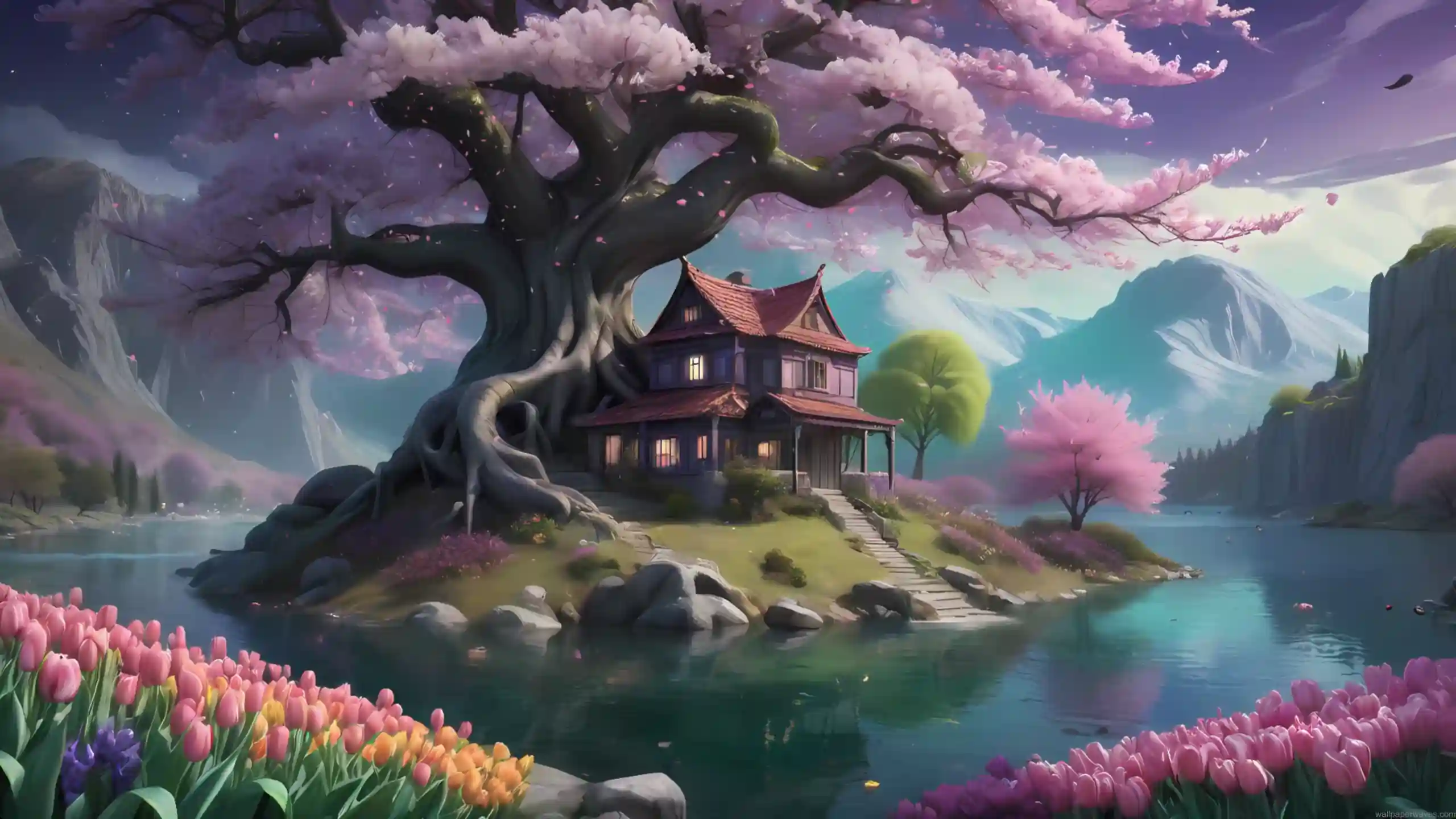 Fantasy-style wallpaper of a peaceful sakura tree next to a cozy wooden house with petals falling gently under a sunset sky.