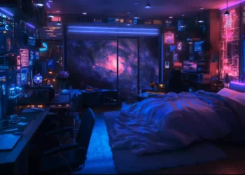 Futuristic room with large glass windows overlooking space, stars, planets, and glowing galaxies in a sci-fi setting – wallpaper.