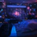 Futuristic room with large glass windows overlooking space, stars, planets, and glowing galaxies in a sci-fi setting – wallpaper.