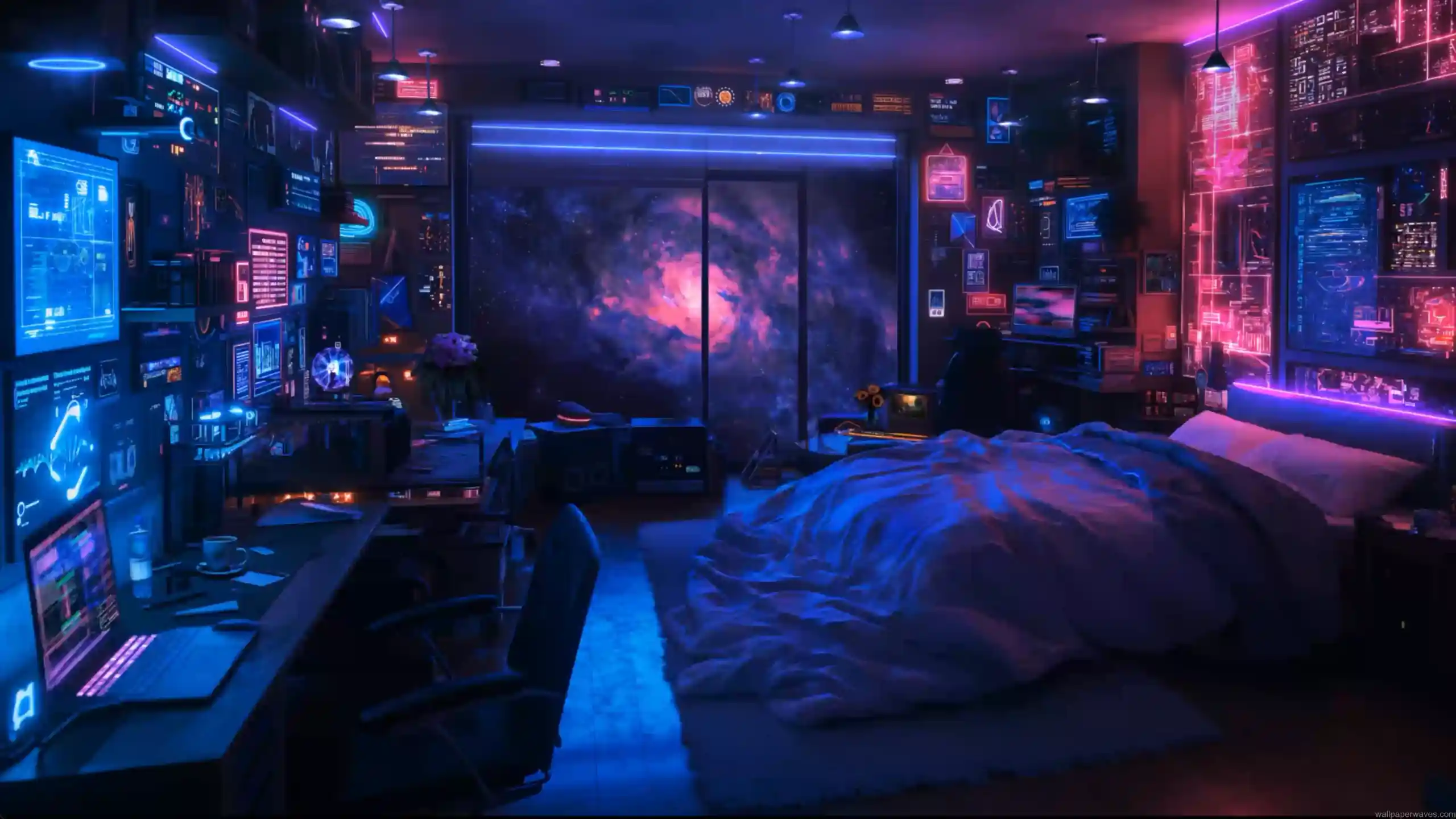 Futuristic room with large glass windows overlooking space, stars, planets, and glowing galaxies in a sci-fi setting – wallpaper.