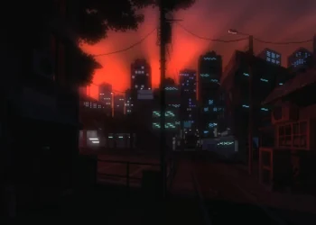 Pixel art of a quiet Tokyo street at sunset with glowing neon signs, small shops, and warm orange sky – wallpaper.