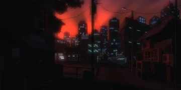 Pixel art of a quiet Tokyo street at sunset with glowing neon signs, small shops, and warm orange sky – wallpaper.