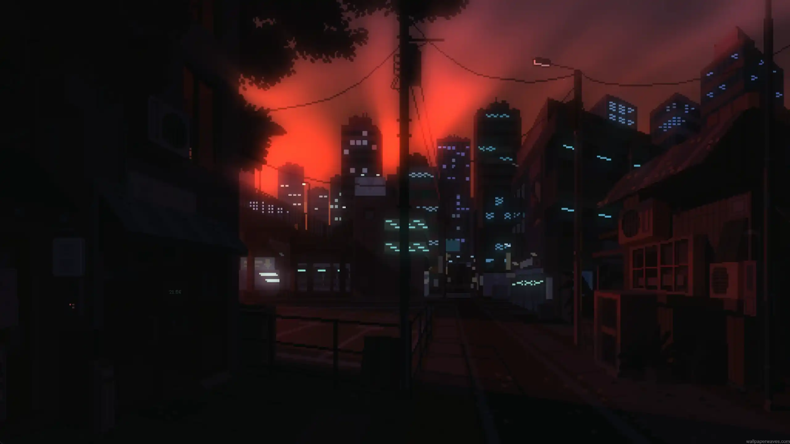 Pixel art of a quiet Tokyo street at sunset with glowing neon signs, small shops, and warm orange sky – wallpaper.