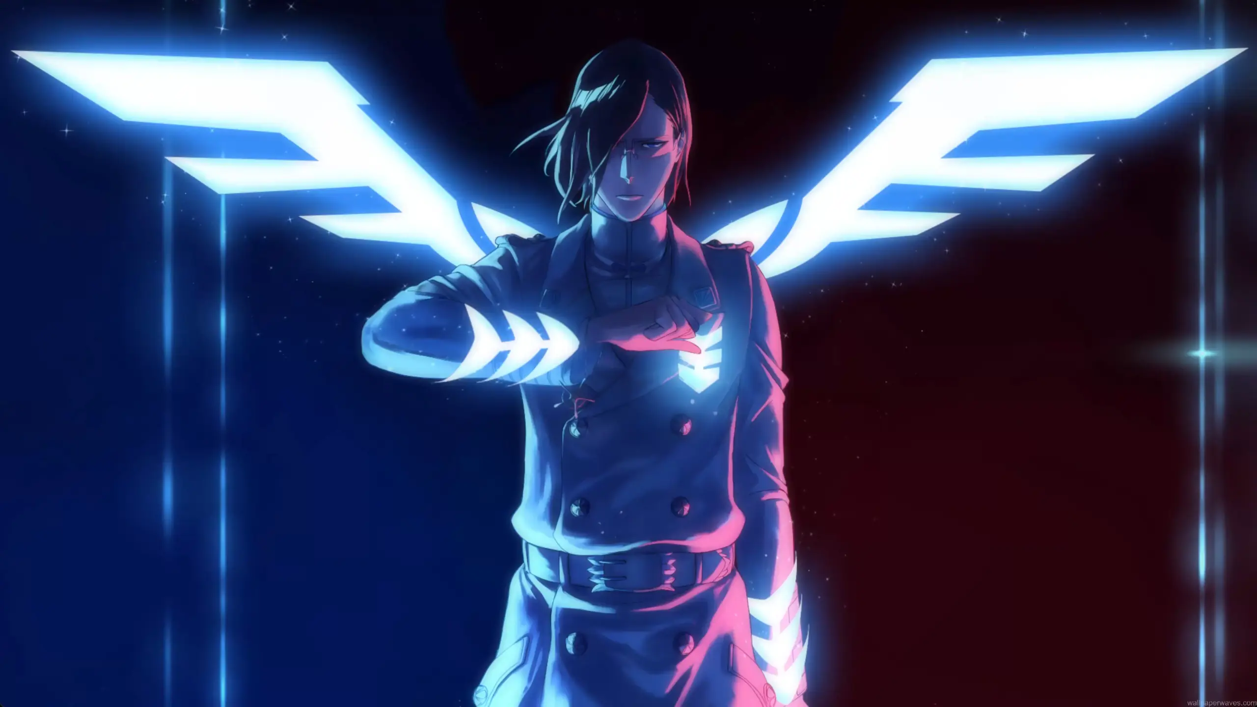 Uryu Ishida from Bleach surrounded by glowing blue aura energy during a power-up scene with spiritual effects – wallpaper.