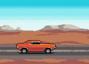 Animated vintage pixel art of a car driving on a scenic road with mountains and retro colors in the background – wallpaper.