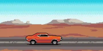Animated vintage pixel art of a car driving on a scenic road with mountains and retro colors in the background – wallpaper.