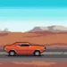 Animated vintage pixel art of a car driving on a scenic road with mountains and retro colors in the background – wallpaper.