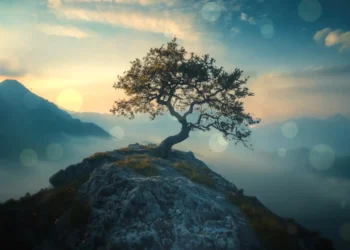 Solitary zen tree on a rocky cliff surrounded by foggy mountains and soft morning mist in a peaceful landscape – wallpaper.