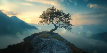 Solitary zen tree on a rocky cliff surrounded by foggy mountains and soft morning mist in a peaceful landscape – wallpaper.