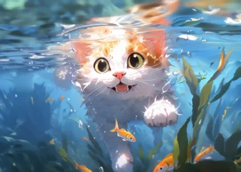 Cute kitten floating underwater surrounded by glowing fish, bubbles, and soft coral light in a dreamy fantasy ocean – animated wallpaper.