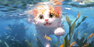 Cute kitten floating underwater surrounded by glowing fish, bubbles, and soft coral light in a dreamy fantasy ocean – animated wallpaper.