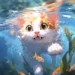 Cute kitten floating underwater surrounded by glowing fish, bubbles, and soft coral light in a dreamy fantasy ocean – animated wallpaper.