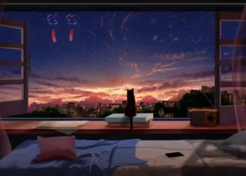 Anime-style cat sitting by a window watching a city sunset, cozy room interior with warm light and relaxing atmosphere – live wallpaper.