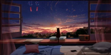 Anime-style cat sitting by a window watching a city sunset, cozy room interior with warm light and relaxing atmosphere – live wallpaper.