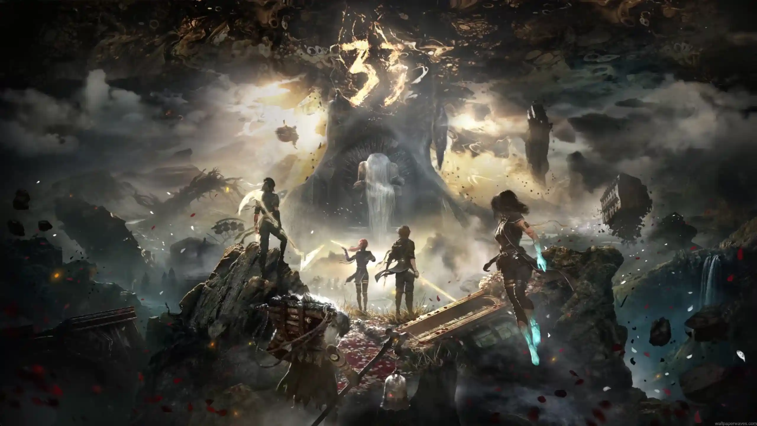 Surreal fantasy scene inspired by Clair Obscur: Expedition 33 with lone character in elegant attire and dreamlike misty environment – live wallpaper.