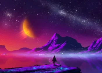 Retro cosmic landscape with glowing purple sky, neon stars, and digital mountain peaks in synthwave aesthetic – live wallpaper.