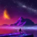 Retro cosmic landscape with glowing purple sky, neon stars, and digital mountain peaks in synthwave aesthetic – live wallpaper.