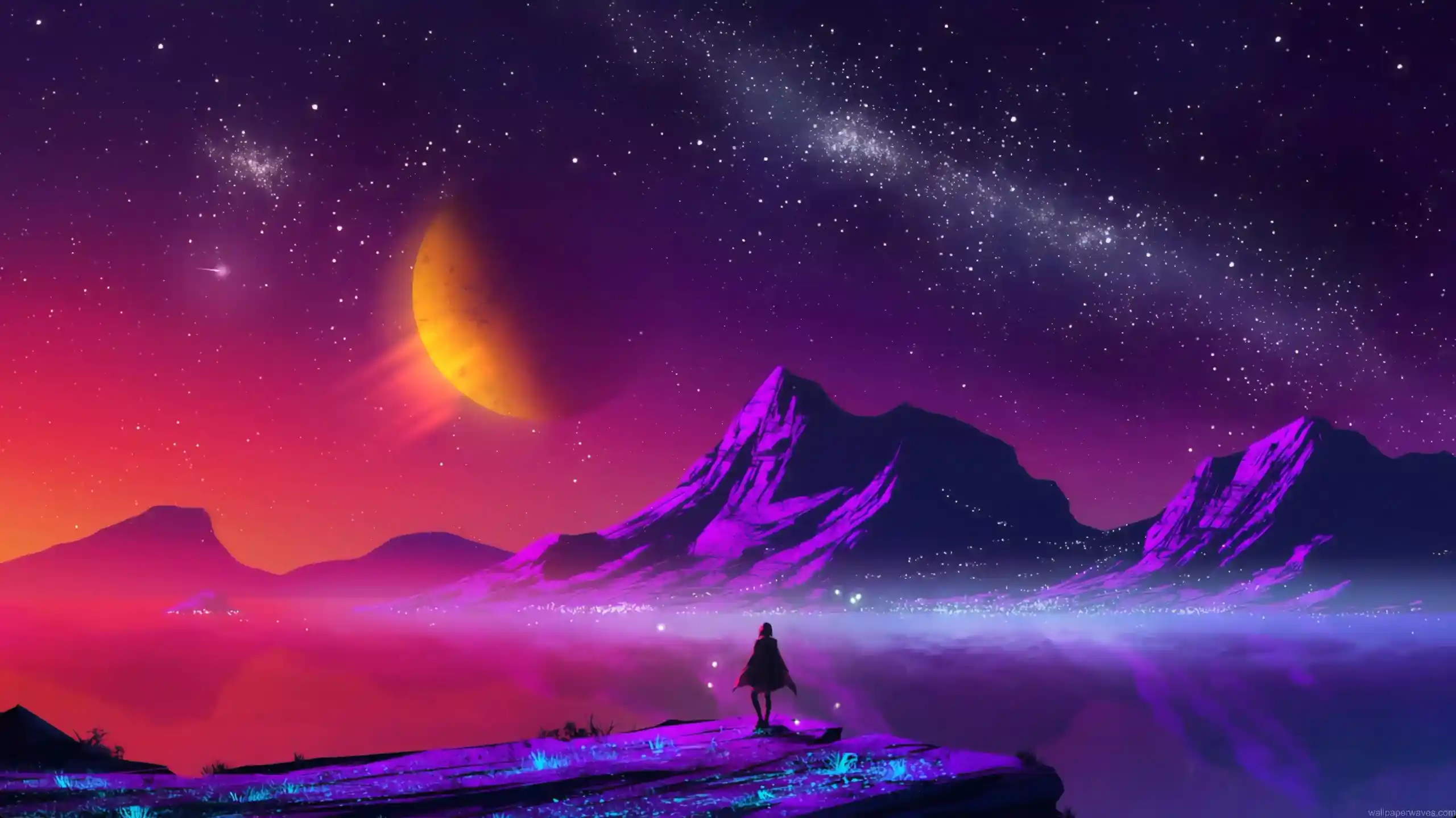 Retro cosmic landscape with glowing purple sky, neon stars, and digital mountain peaks in synthwave aesthetic – live wallpaper.
