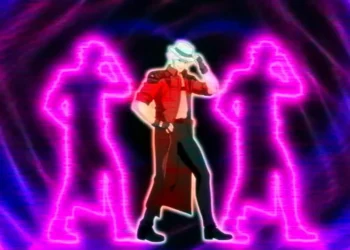 Animated wallpaper of Dante from Devil May Cry dancing in retro style with neon lights and humorous moves.