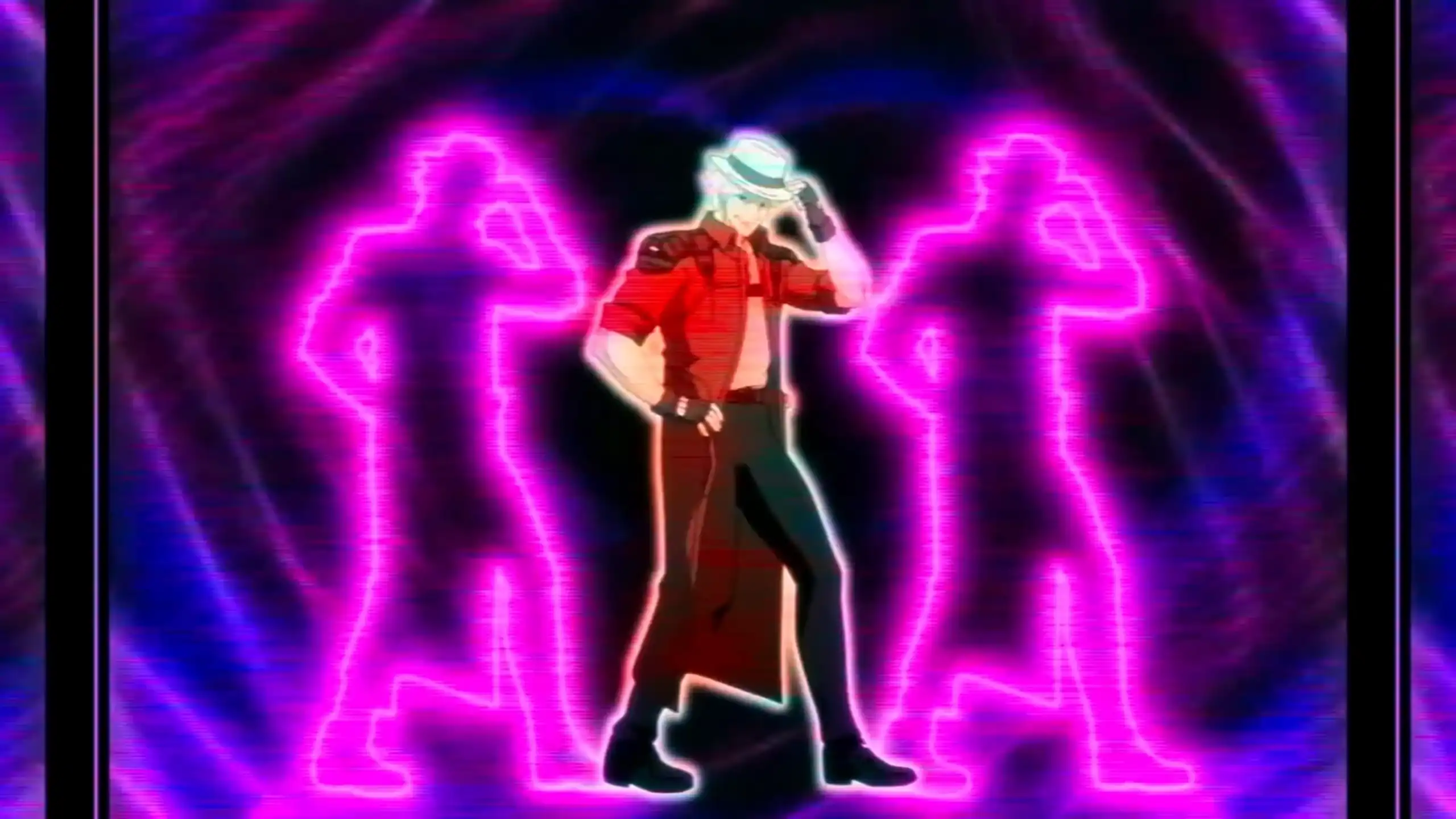 Animated wallpaper of Dante from Devil May Cry dancing in retro style with neon lights and humorous moves.