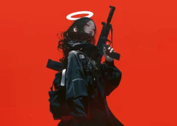 Dark anime girl with glowing halo and stylized gun, standing in neon-lit background with moody atmospheric lighting – live wallpaper.