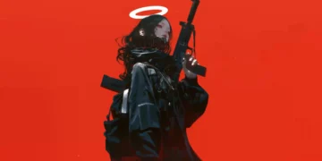 Dark anime girl with glowing halo and stylized gun, standing in neon-lit background with moody atmospheric lighting – live wallpaper.