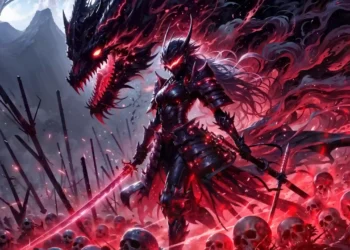 Dark armored knight facing a massive fiery infernal dragon with glowing wings and lava-lit sky in an epic fantasy battle scene – live wallpaper.