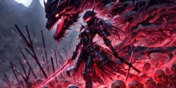 Dark armored knight facing a massive fiery infernal dragon with glowing wings and lava-lit sky in an epic fantasy battle scene – live wallpaper.